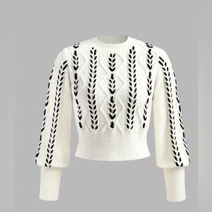 Commense White and Black Patterned knit Sweater